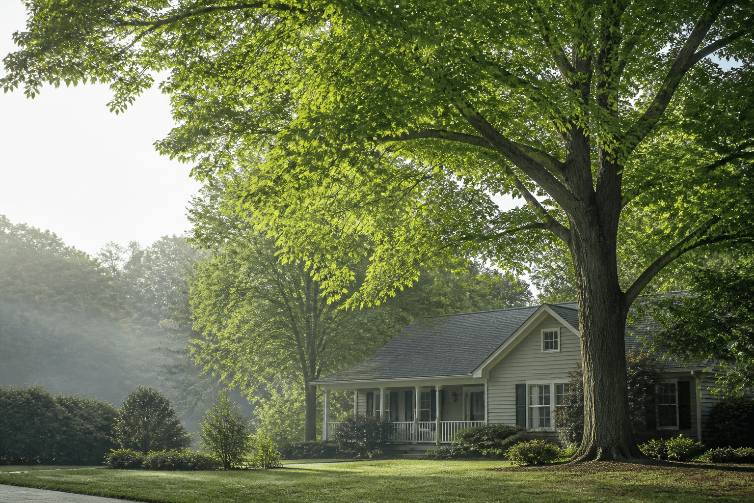 a mature neighborhood tree shading a Northwest Georgia home and front yard